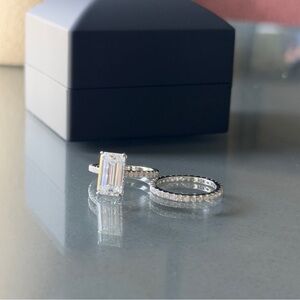 5.5cttw emerald cut VVS1 moissanite hidden halo promise with band ring